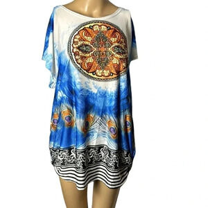 Vtg Y2K SPORT  WORLD BLUE tunic,women one size,blue,shirred,beads,boho,coastal